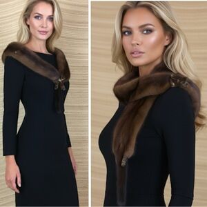 Elegant Brown Mink Fur Collar Vintage Pelt Fur Wrap Scarf Stole Boa